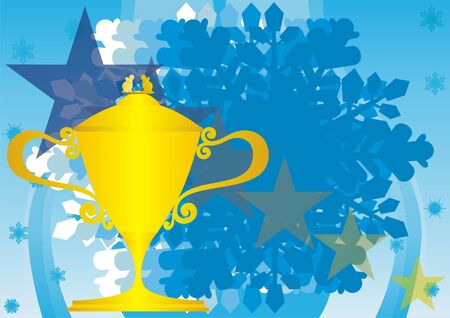 The prize-winning hockey cup on the background of snowflakes and starsの写真素材