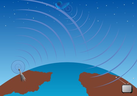 Transmitting a stationary antenna sends a signal to the satellite, which in turn sends a signal to the television setsのイラスト素材