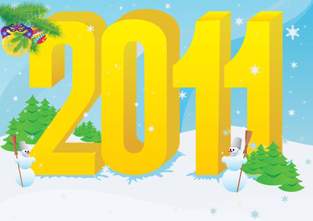 Christmas illustration. Figures 2011 on the background of the snow drifts and falling snow. Around 2011 the figures are two snowmen.のイラスト素材