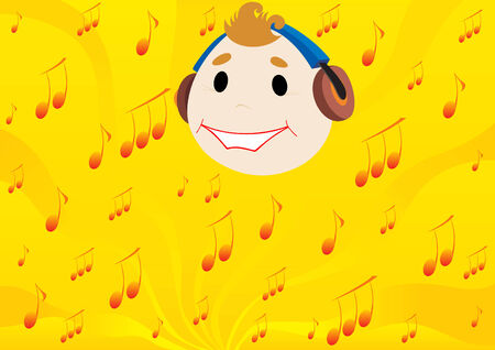 A young man in stereo headphones on the background music musical signs.のイラスト素材