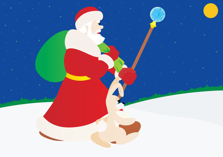 Santa Claus with a rabbit go on snow-covered fieldのイラスト素材