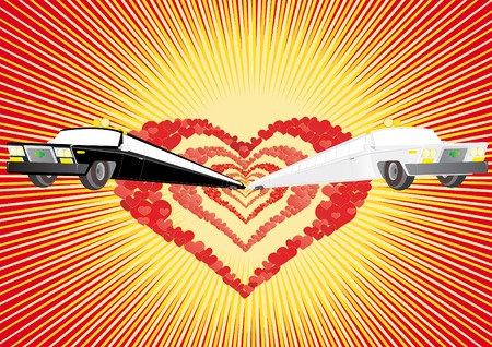 Two wedding limousine on the background reflected hearts.のイラスト素材