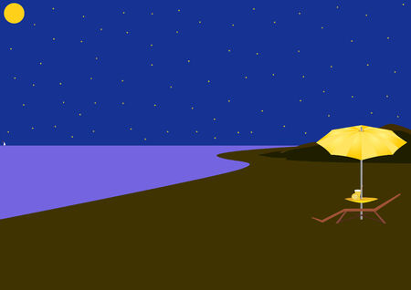 Summer night scenery. Chaise longue, umbrella and a table with refreshments on the beach near the sea.のイラスト素材