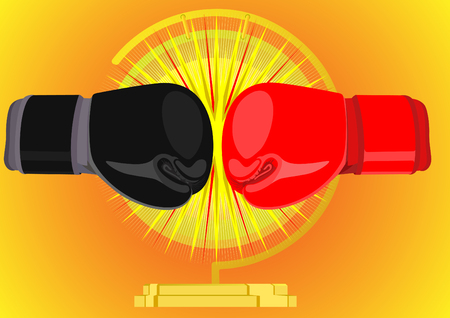 Boxing gloves in red and black on the background of a gongのイラスト素材