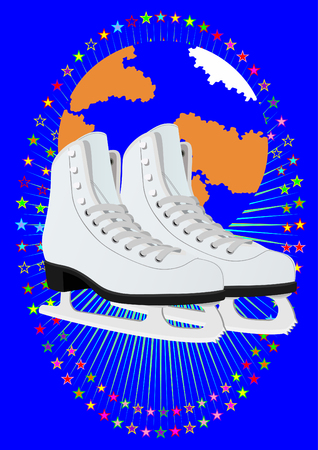 Winter sport. Women's skates for figure skating in the backdrop of the planet earth surrounded by colored starsのイラスト素材