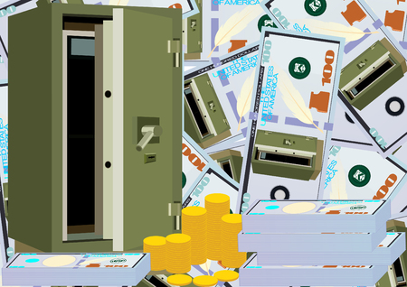 Modern armored safe and money on a background of banknotes with the image of the safeのイラスト素材