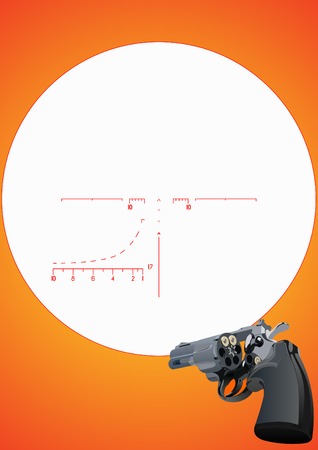 Revolver with a drum and unfolded two rounds and sniper scope on a red-yellow backgroundのイラスト素材