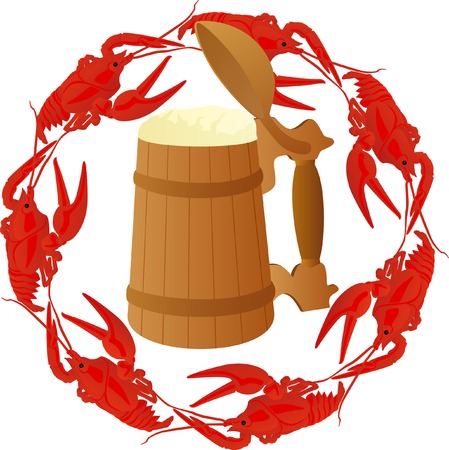 Wooden mug of beer surrounded by boiled crawfishのイラスト素材