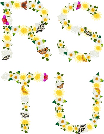 Letters of the alphabet made from wild flowers and butterfliesのイラスト素材