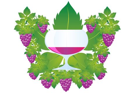 A glass of red wine on the background of the fruits and leaves of the grapeのイラスト素材