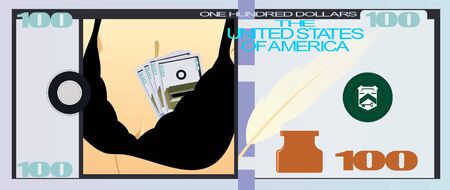 The money earned by prostitution. Bill, which depicts the woman's breasts in a bra, which shows the inserted money there.のイラスト素材