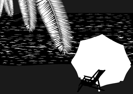 Sunbeds and sun umbrellas are at the beach. Black and white contrast image.のイラスト素材