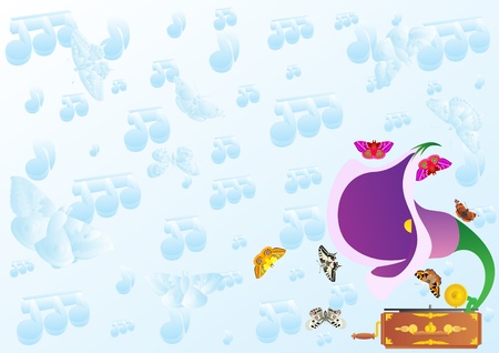 Abstract image of an old player and butterflies flying around him against the background of musical notes.のイラスト素材