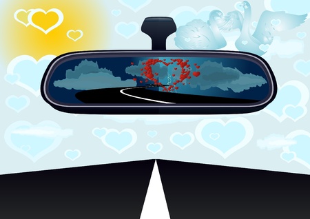Car mirror are displayed behind the rest of trouble, a broken heart. Move forward to the future, a new love.のイラスト素材