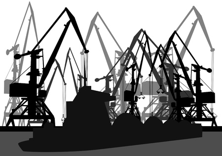 Port cranes and loaded barge. Black and white outline image.のイラスト素材