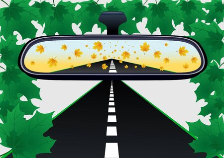 Car mirror and is reflected in it the road and falling yellow maple leaves.のイラスト素材