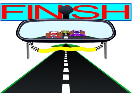 Car mirror and is reflected in it the road and race cars.のイラスト素材