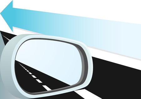 Car mirror and is reflected in it path. Arrow indicates the direction of motion.のイラスト素材