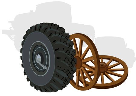 The wheels of the old and new vehicles on the background of the contours of cars.のイラスト素材