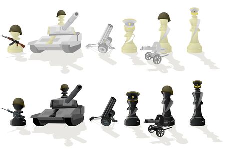 Chessmen styled soldiers and military equipment. Illustration on a white backgroundのイラスト素材