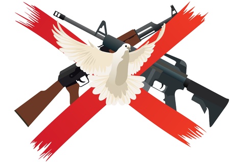 Flying white dove on a background of red intersecting lines. The icon means prohibiting the use of weapons and disarmamentのイラスト素材