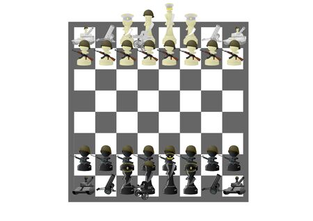 Chessmen styled soldiers and military equipment. Illustration on the background of a chessboard.のイラスト素材