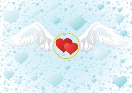 Icon from the wings, inside which two hearts. Illustration on the blue hearts.のイラスト素材