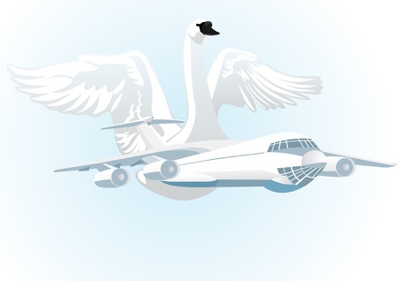 Airliner flying on the background of a swan with outstretched wings.のイラスト素材