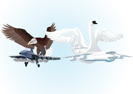 Military and commercial aircraft against a background of flying eagle and a swan with outstretched wings.のイラスト素材