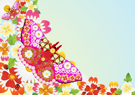 Abstract summer background of flowers, over which fly the abstract butterflyのイラスト素材