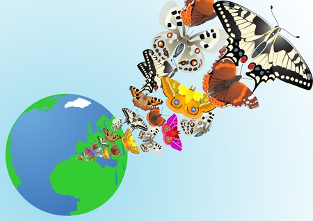 Flying butterflies against the backdrop of the globe.のイラスト素材