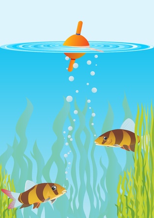 Float on the water surface. In the pond full of fishのイラスト素材