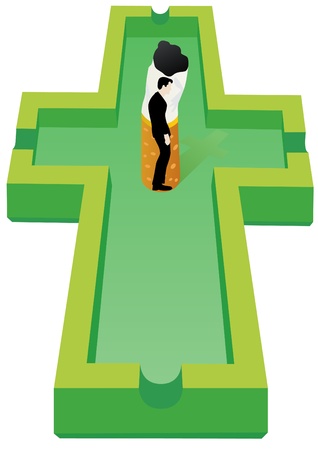 Stooped man in the background of smoked cigarettes in the ashtray which is in the form of burial of the crossのイラスト素材