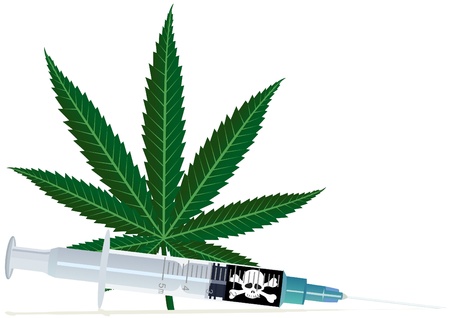 Medical syringe with drugs on the background of hemp leavesのイラスト素材