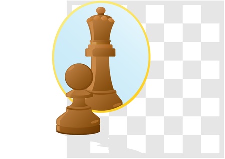 Against the background of a chessboard pawn looks in the mirror and sees himself as the Queenのイラスト素材
