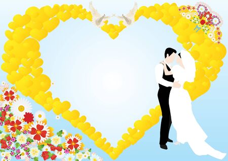 On a blue background depicts an abstract heart, flowers, two white doves and the bride and groomのイラスト素材