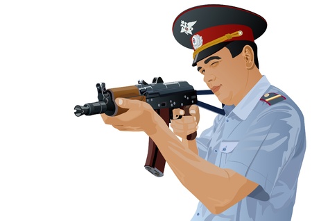 The illustration on military issues. A man in uniform ready to fire from automatic weaponsのイラスト素材