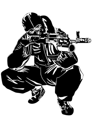 The illustration on military issues. A man in uniform ready to fire from automatic weaponsのイラスト素材