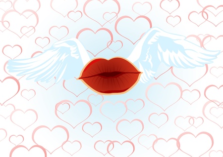 Abstract image of an air kiss with wings of white swans on a background of heartsのイラスト素材
