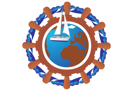 Globe, sailing yacht and ship wheel on a background of abstract waves.のイラスト素材