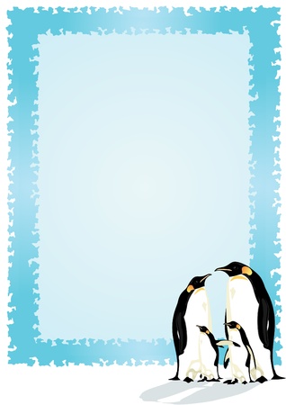 Family of penguins. Two adults and two chicks penguin on the background of a blue frame.のイラスト素材