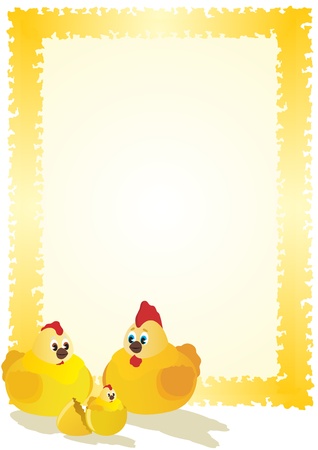 A broken shell eggs and hatched chick. Chicken sitting next to a rooster and a hen. The illustration on white background.のイラスト素材