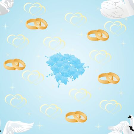 Seamless background with an image of wedding rings, white swans and a bouquet of flowers on a blue background.のイラスト素材