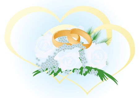 Two gold wedding rings lying in a bouquet of flowers. The illustration on white backgroundのイラスト素材