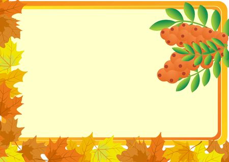 A business card with a yellow background, with bush fruits of mountain ash and autumn maple leavesのイラスト素材