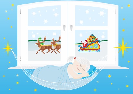 Sleep baby in a hammock on the background of the window, followed by Santa Claus to reindeer luck New Year's gifts.のイラスト素材