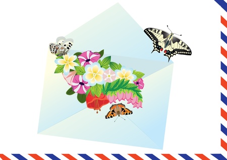 Flying butterflies against the background of open e-mail envelope with flowersのイラスト素材
