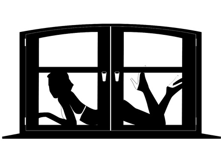 Silhouette of a woman outside the window. Contour black and white illustration.のイラスト素材