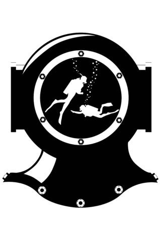 Helmet diver. Contour black and white illustration.のイラスト素材