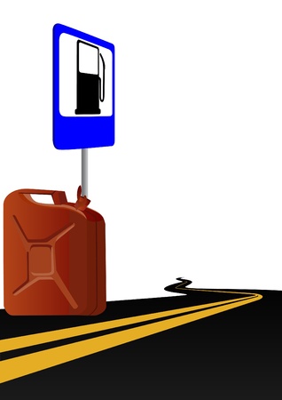 Traffic sign and road disappearing into the distance. Sign stands near the canister for petrol.のイラスト素材